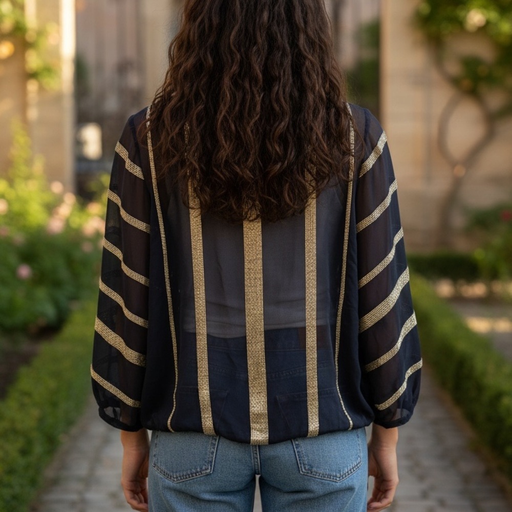 Alice + Olivia Navy Blouse with Gold Beaded Stripes. Size Medium - Picture 3 of 6